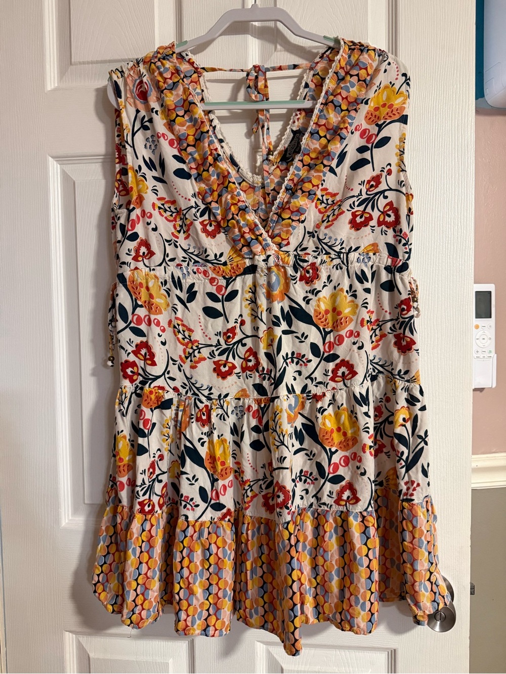 Angie Cream Floral V-Neck Tiered Mini Dress with Yellow & Red Accents